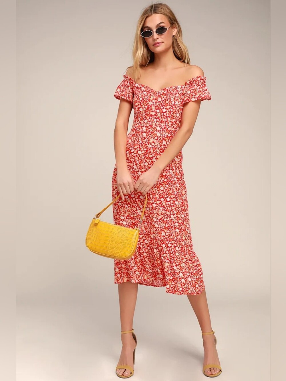 Lulus Mariana Red Floral Ditsy Print Sweetheart Split Midi Summer Dress Small